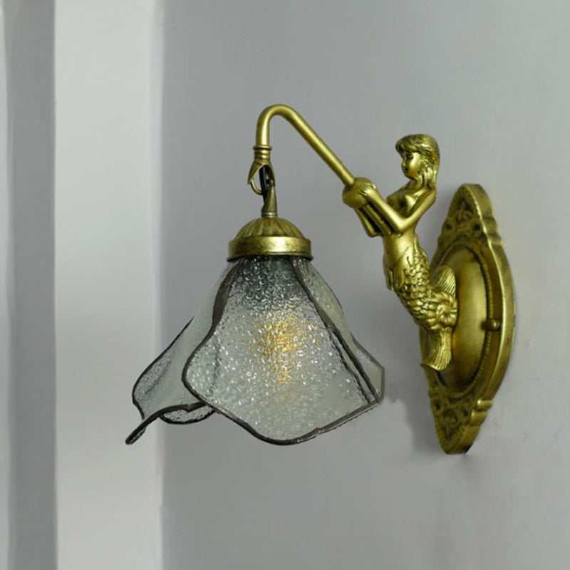 Frendorf | 1 Kopf Blüten Wandmontage Beleuchtung Tiffany Blau/Klar/Rosa Glas Wandlampe mit Meerjungfrauen Rückplatte