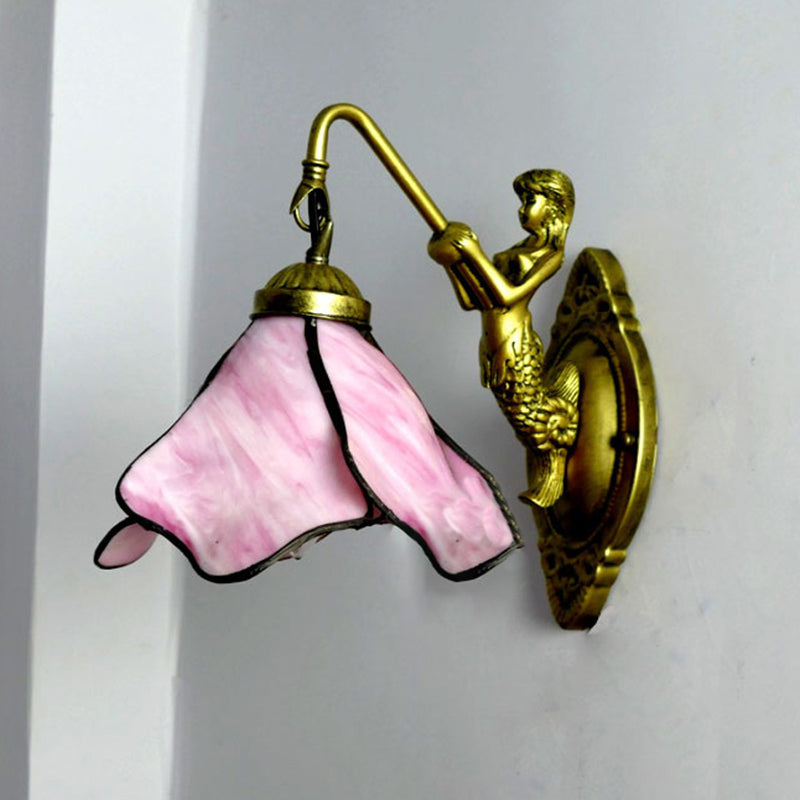 Frendorf | 1 Kopf Blüten Wandmontage Beleuchtung Tiffany Blau/Klar/Rosa Glas Wandlampe mit Meerjungfrauen Rückplatte