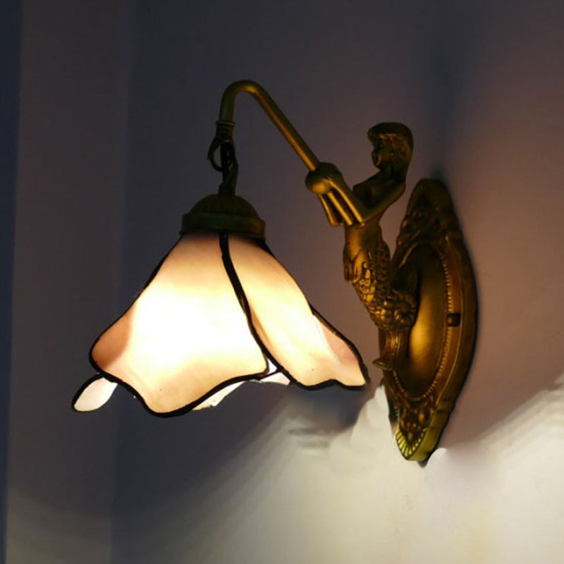 Frendorf | 1 Kopf Blüten Wandmontage Beleuchtung Tiffany Blau/Klar/Rosa Glas Wandlampe mit Meerjungfrauen Rückplatte