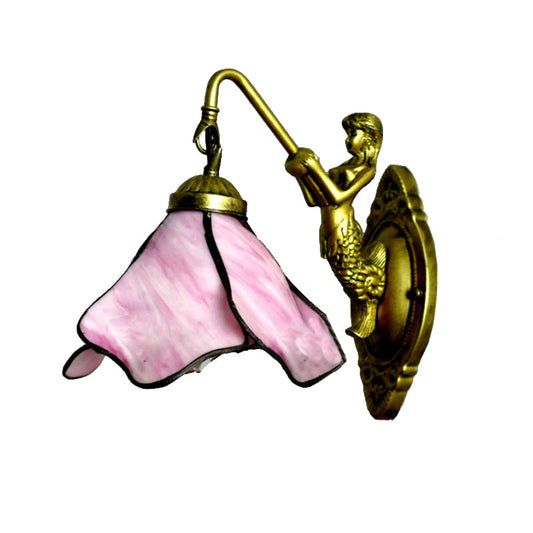 Frendorf | 1 Kopf Blüten Wandmontage Beleuchtung Tiffany Blau/Klar/Rosa Glas Wandlampe mit Meerjungfrauen Rückplatte