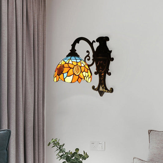 Frendorf | Rustic Tiffany Zonnenbloem Wandlamp 1 Hoofd Gevlochten Glas Wandlicht in Oranje voor Slaapkamer