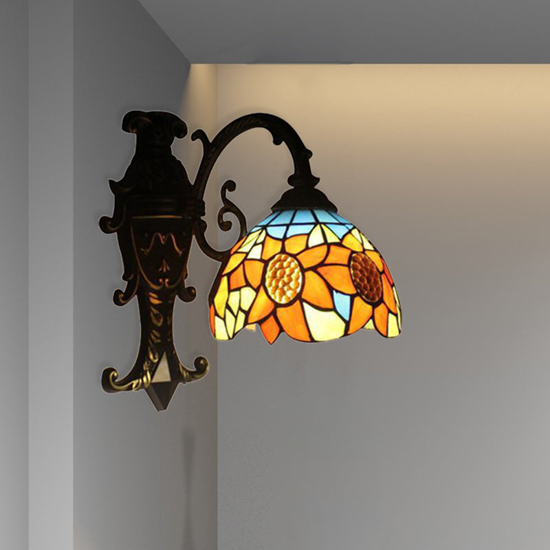 Frendorf | Rustic Tiffany Zonnenbloem Wandlamp 1 Hoofd Gevlochten Glas Wandlicht in Oranje voor Slaapkamer