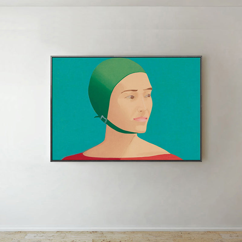 Frendorf | Frau mit Helm Wanddekoration Texturierte Pop-Art Hausinterieur Leinwanddruck in Grün