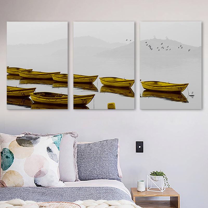 Frendorf | Braune Misty River Boote Leinwand Wandkunst Texturiert Zeitgenössische Wohnzimmer Wanddekoration