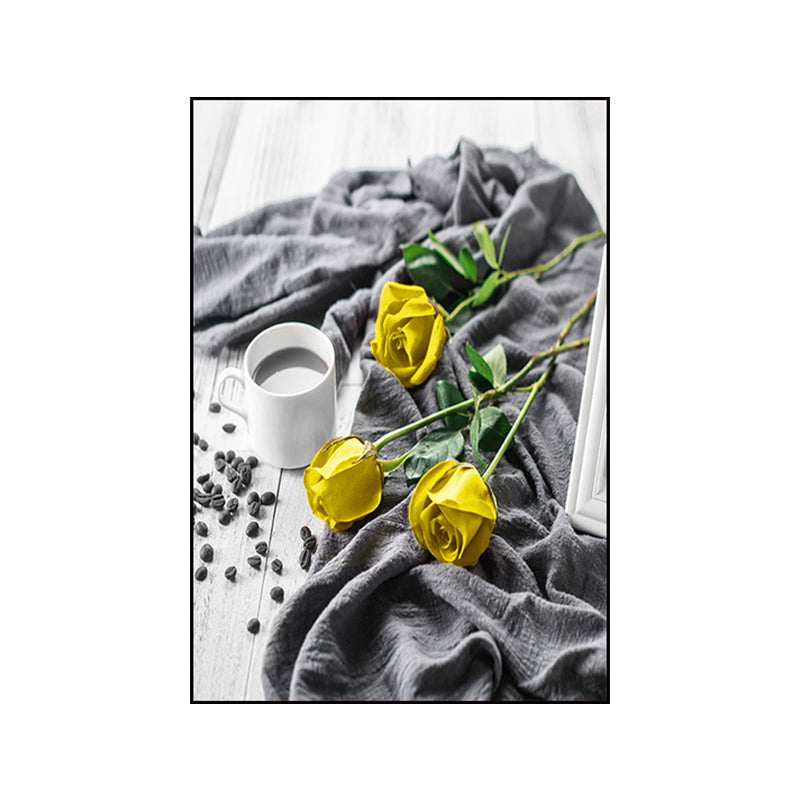 Gelbe Rose und Kaffee Leinwand Stillleben Moderne Texturierte Wandkunst für das Esszimmer