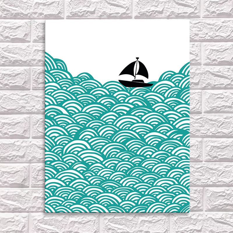Frendorf | Grün Sea Segelboot Landschaft Leinwand Texturiert Nordic Stil Haus Innen Wand Kunst Druck