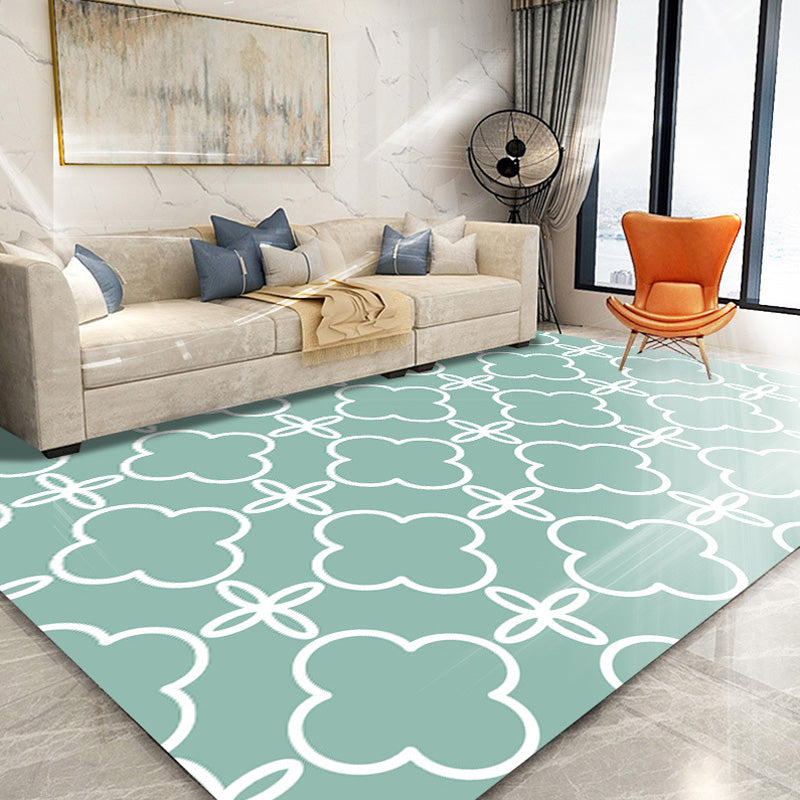 Retro geometrisches Blumenmuster Teppich Blau und Grün Südwest Teppich Polyester haustierfreundlich rutschfeste Rückseite waschbarer Teppich für das Wohnzimmer