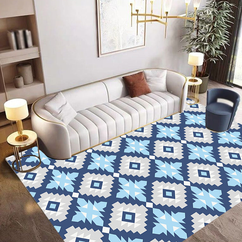 Retro geometrisches Blumenmuster Teppich Blau und Grün Südwest Teppich Polyester haustierfreundlich rutschfeste Rückseite waschbarer Teppich für das Wohnzimmer