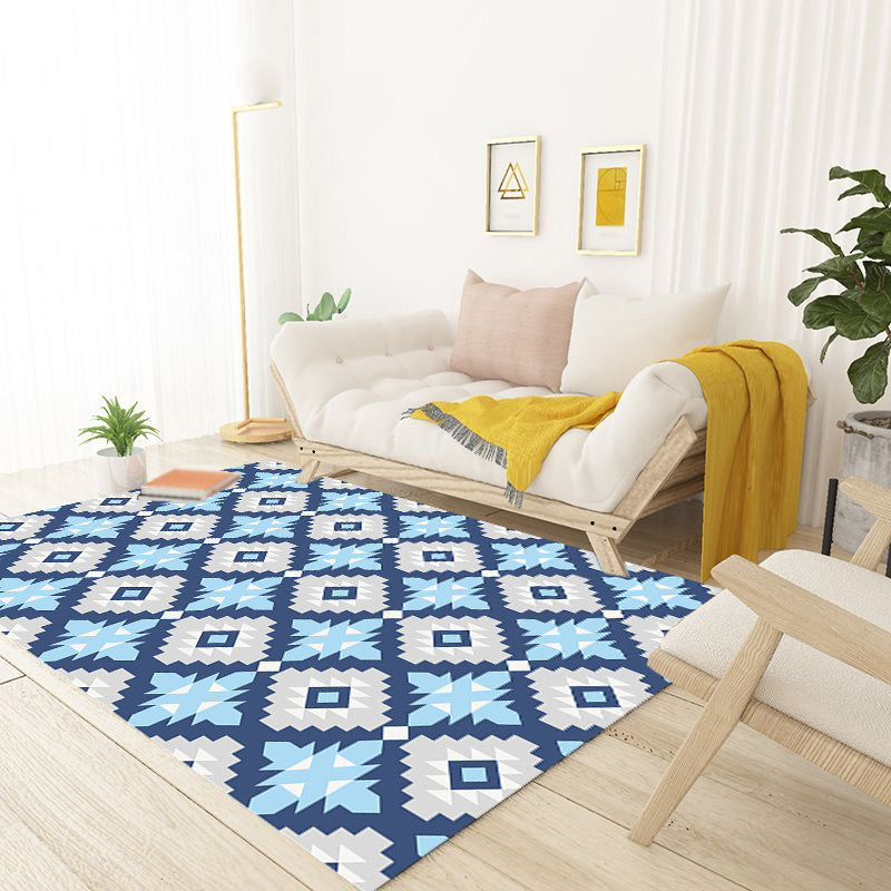 Retro geometrisches Blumenmuster Teppich Blau und Grün Südwest Teppich Polyester haustierfreundlich rutschfeste Rückseite waschbarer Teppich für das Wohnzimmer