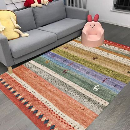 Frendorf | Böhmisches Tribal Gestreiftes Muster Teppich Multicolor Polyester Teppich Maschinell Waschbar Rutschfeste Rückseite Bereich Teppich für Wohnzimmer