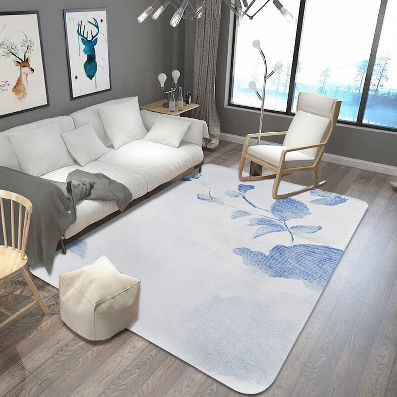Frendorf | Stylish Leaf Pattern Carpet Blue and Gray Oriental Carpet Polyester Machine Washable Non-Slip Carpet for Living Room