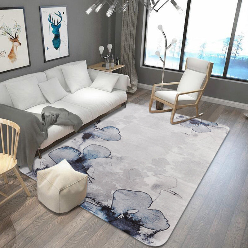Frendorf | Stylish Leaf Pattern Carpet Blue and Gray Oriental Carpet Polyester Machine Washable Non-Slip Carpet for Living Room