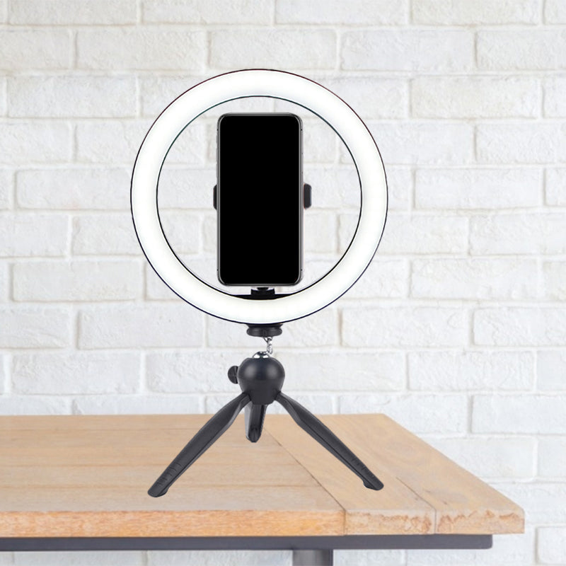 Frendorf | Kreis Make-Up Beleuchtung Modern Metall Handyhalter LED Fill Lampe in Schwarz mit Stativ Design