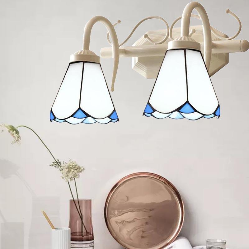 Frendorf | Traditionelle Cone Wandbeleuchtung mit gebogenem Arm Weißglas 2/3 Lichter Wandleuchte für Badezimmer