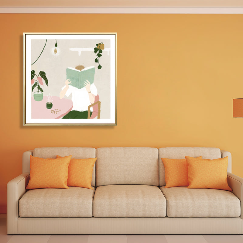 Frendorf | Illustration Junge liest Buch Kunstdruck Grüner nordischer Stil Wanddeko fürs Schlafzimmer
