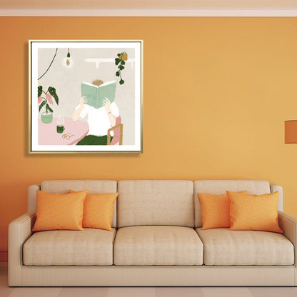 Frendorf | Illustration Junge liest Buch Kunstdruck Grüner nordischer Stil Wanddeko fürs Schlafzimmer