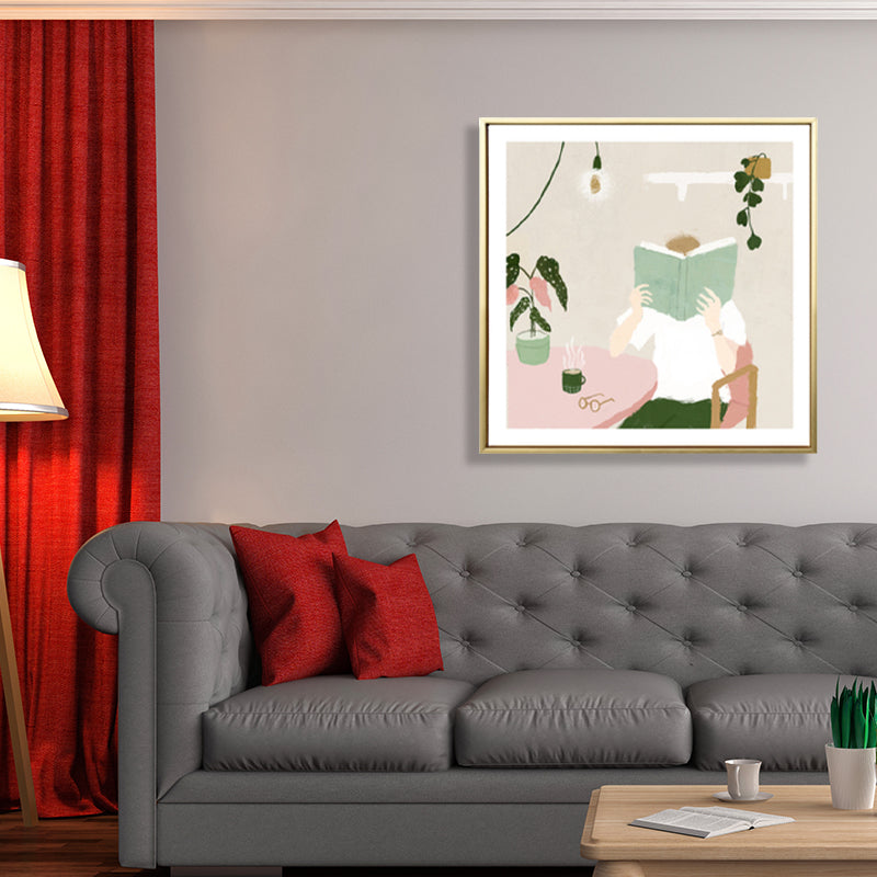 Frendorf | Illustration Junge liest Buch Kunstdruck Grüner nordischer Stil Wanddeko fürs Schlafzimmer