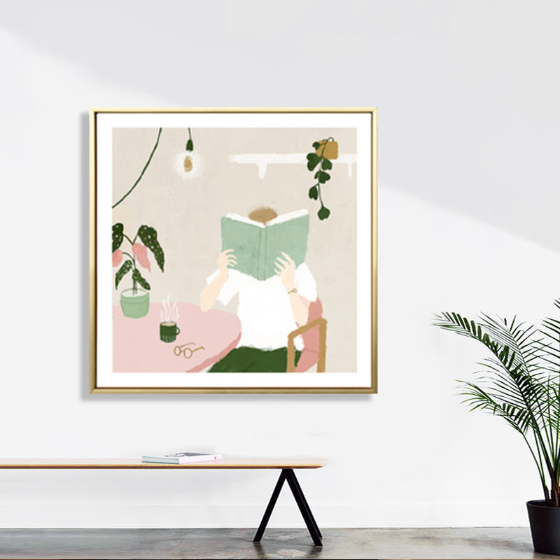 Frendorf | Illustration Junge liest Buch Kunstdruck Grüner nordischer Stil Wanddeko fürs Schlafzimmer