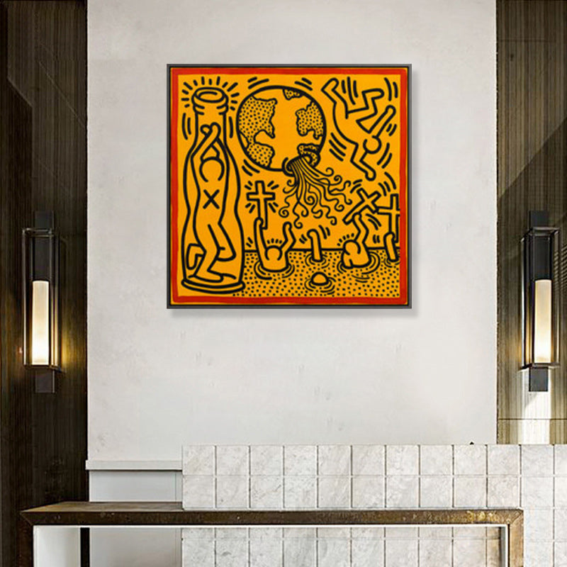 Frendorf | Gelbes Pop-Art-Leinwanddruck-Illustration Keith Haring Figurenzeichnung Wanddekoration für Raum
