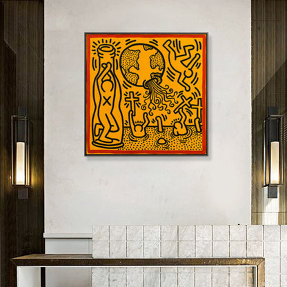 Frendorf | Gelbes Pop-Art-Leinwanddruck-Illustration Keith Haring Figurenzeichnung Wanddekoration für Raum