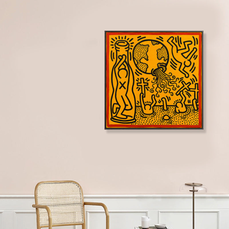 Frendorf | Gelbes Pop-Art-Leinwanddruck-Illustration Keith Haring Figurenzeichnung Wanddekoration für Raum