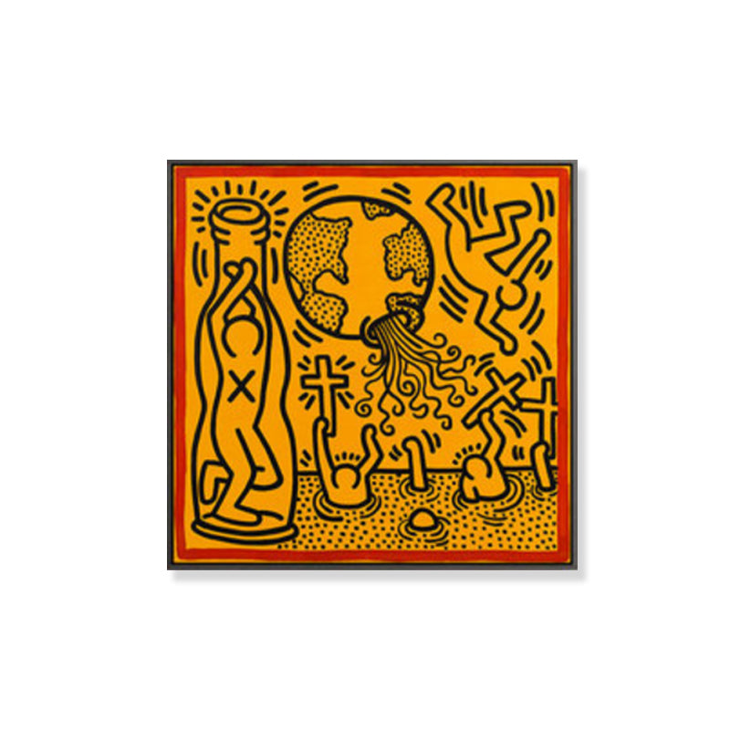 Frendorf | Gelbes Pop-Art-Leinwanddruck-Illustration Keith Haring Figurenzeichnung Wanddekoration für Raum