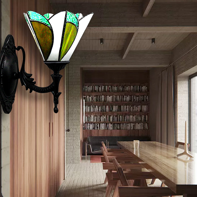 Frendorf | Gevederde Glas Kegel Wandlamp Studie Kamer 1 Kop Tiffany Stijlvolle Antieke Wandlamp in Groen