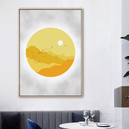 Frendorf | Sunset Mountain Canvas Haus Innenansicht Zeichnung Kunstdruck in Gelb für Dekor