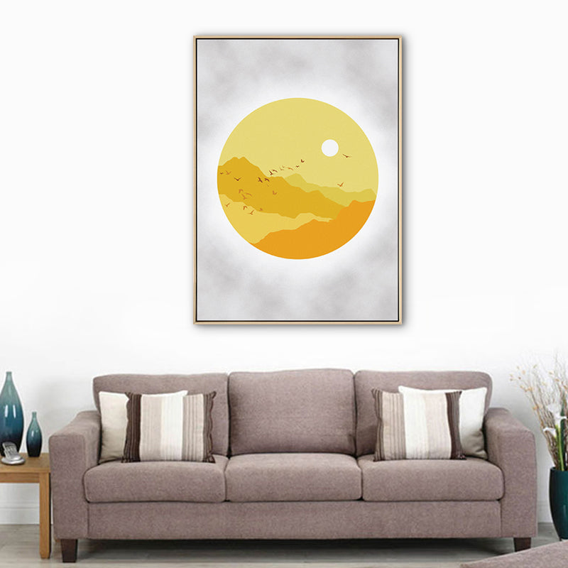 Frendorf | Sunset Mountain Canvas Haus Innenansicht Zeichnung Kunstdruck in Gelb für Dekor