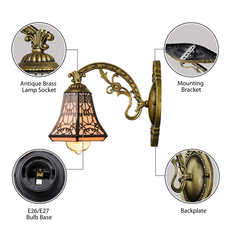 Frendorf | Art Glass Bell Wandlamp met Gegraveerde Arm 1 Kop Vintage Tiffany Wandlamp in Zwart voor Buiten