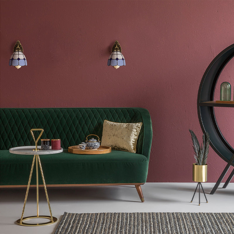 Frendorf | Vintage Style Grid Dome Wandlamp 1 Peertje Kunstglas Wandlamp met Gebogen Arm in Blauw voor Badkamer