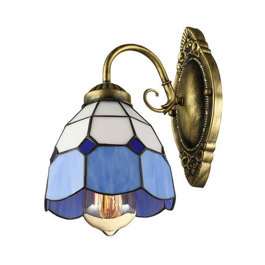 Frendorf | Vintage Style Grid Dome Wandlamp 1 Peertje Kunstglas Wandlamp met Gebogen Arm in Blauw voor Badkamer