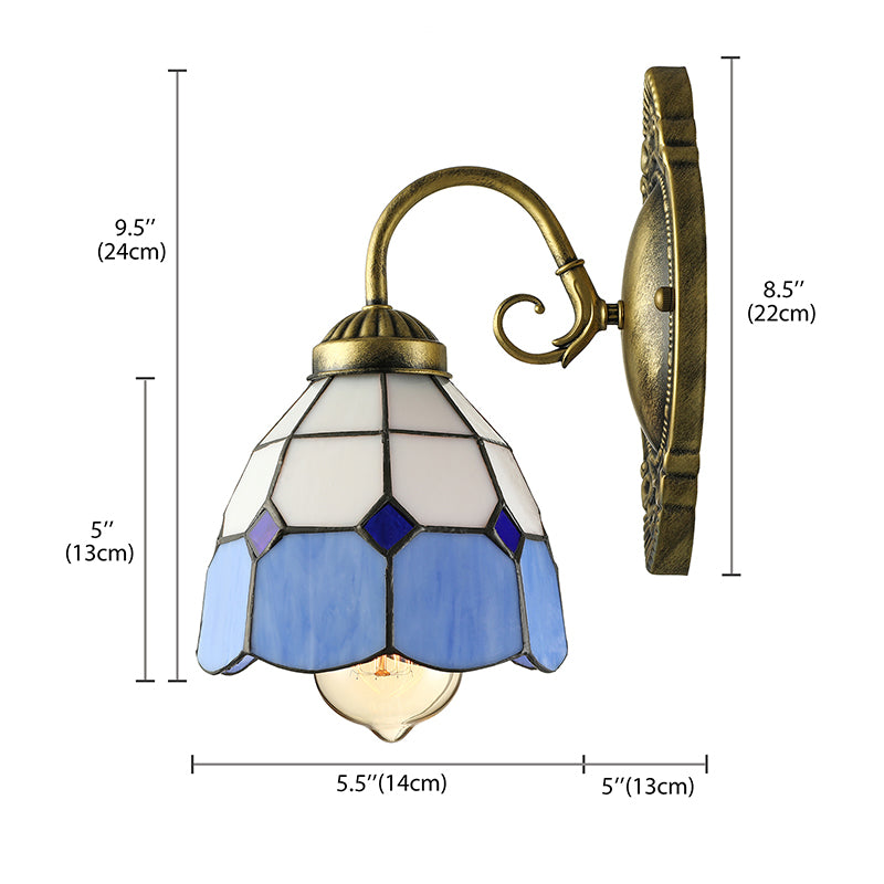 Frendorf | Vintage Style Grid Dome Wandlamp 1 Peertje Kunstglas Wandlamp met Gebogen Arm in Blauw voor Badkamer