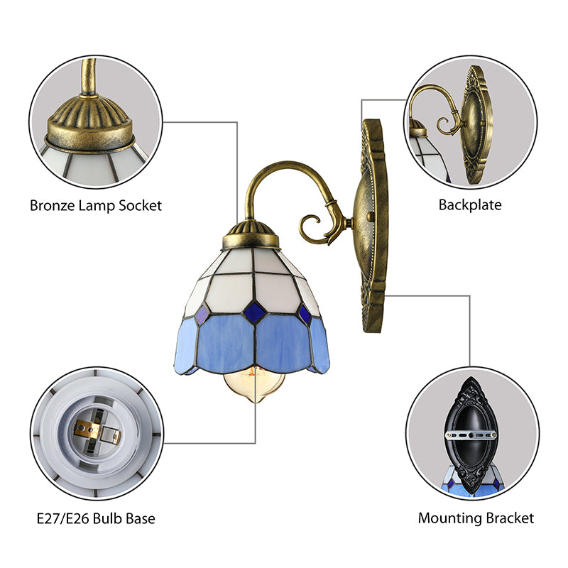 Frendorf | Vintage Style Grid Dome Wandlamp 1 Peertje Kunstglas Wandlamp met Gebogen Arm in Blauw voor Badkamer