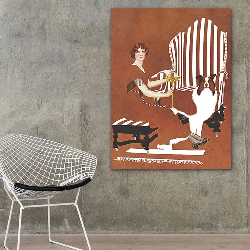 Frendorf | Braune traditionelle Kunstdruckillustration Hausfrau und ihr Hund Zeichnung Leinwand für Zuhause