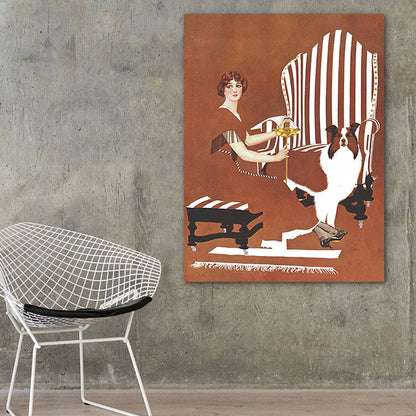 Frendorf | Braune traditionelle Kunstdruckillustration Hausfrau und ihr Hund Zeichnung Leinwand für Zuhause