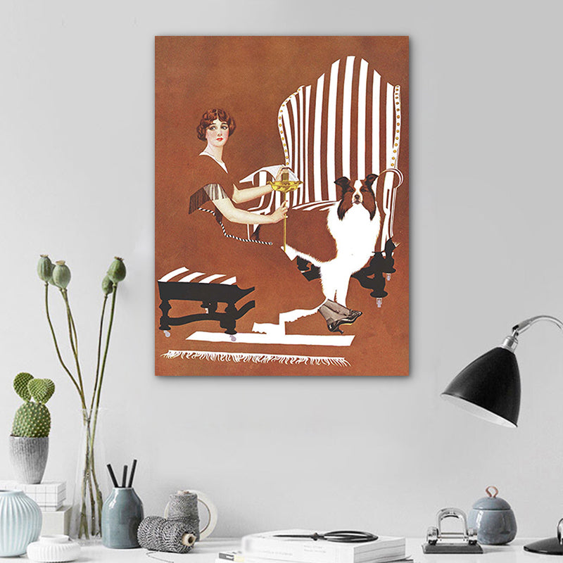 Frendorf | Braune traditionelle Kunstdruckillustration Hausfrau und ihr Hund Zeichnung Leinwand für Zuhause