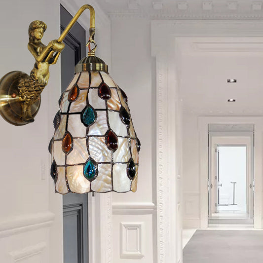 Frendorf | Verlängerte Wandmontage-Leuchte Tiffany Shell 1 Kopf Beige Wandleuchte mit Meerjungfrau-Platte