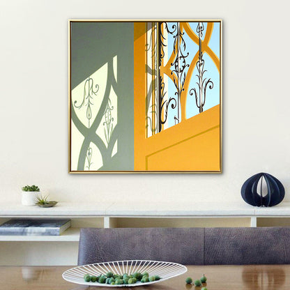 Gelbe Tür und Schatten Canvas Architektur Nordische Texturierte Wandkunst Druck für Zuhause