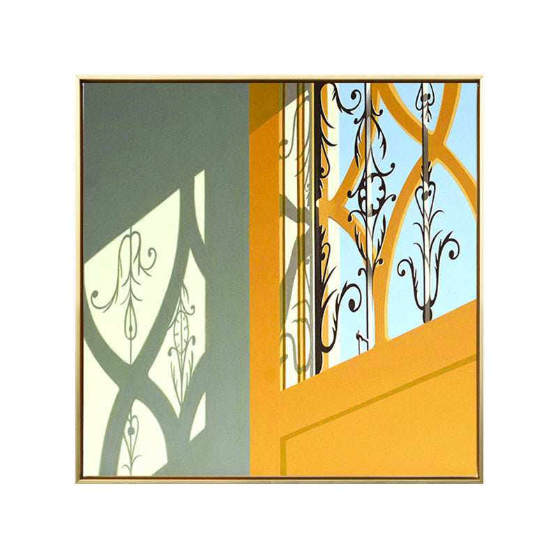 Gelbe Tür und Schatten Canvas Architektur Nordische Texturierte Wandkunst Druck für Zuhause