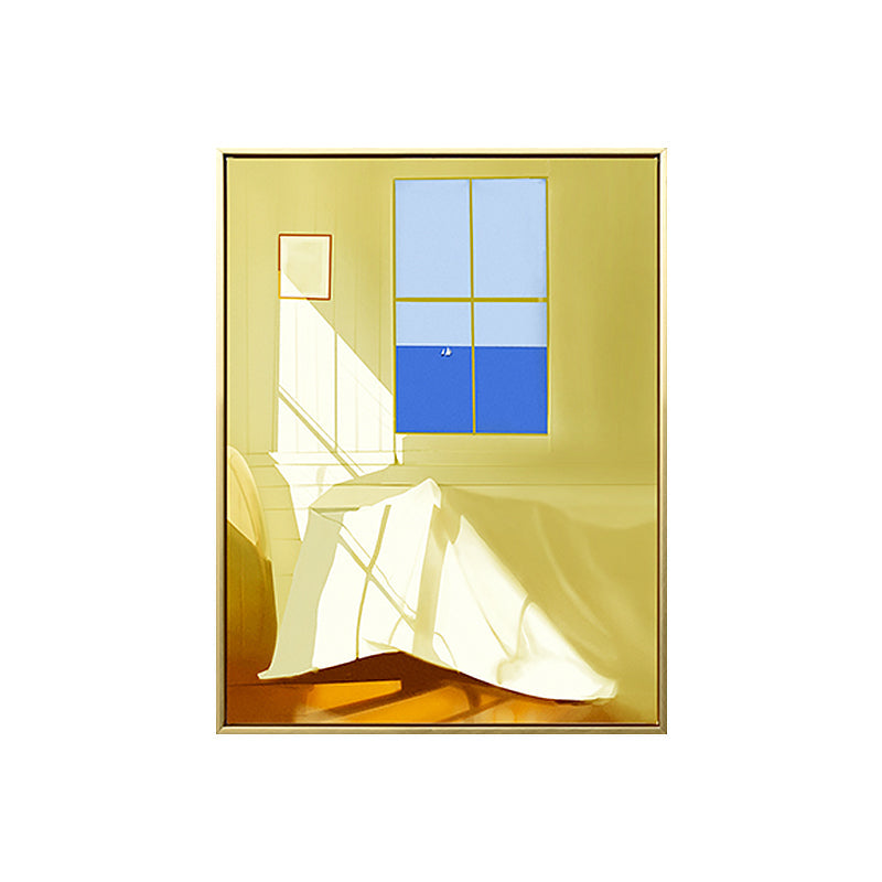 Frendorf | Raum mit Fenster Zeichnung Kunstdruck Texturiert Nordic Stil Haus Innenraum Leinwand in Gelb