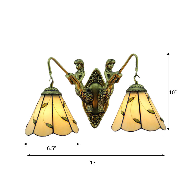 Frendorf | Lily Beige Glas Wandleuchte Tiffany 2 Köpfe Messing Wandmontierte Lampe mit Meerjungfrauen-Rückplatte
