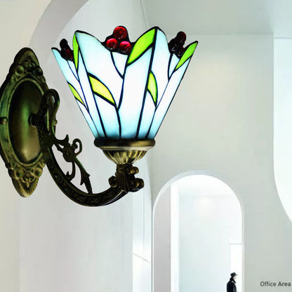 Frendorf | Glas in lood bloem en blad wandlamp 1 hoofd antiek Tiffany wandlicht in blauw voor keuken