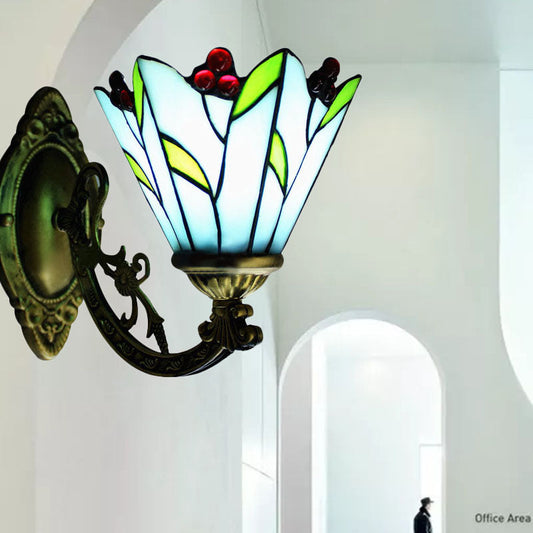 Frendorf | Glas in lood bloem en blad wandlamp 1 hoofd antiek Tiffany wandlicht in blauw voor keuken