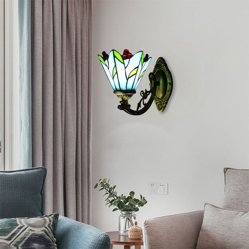 Frendorf | Glas in lood bloem en blad wandlamp 1 hoofd antiek Tiffany wandlicht in blauw voor keuken
