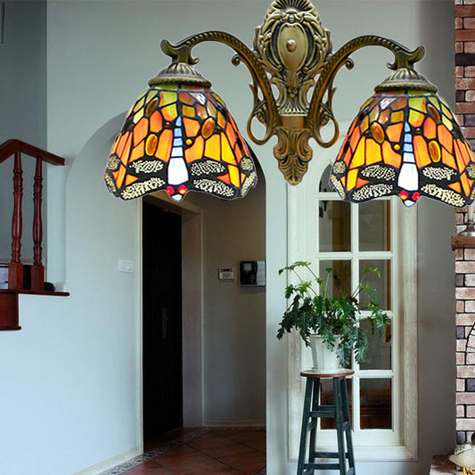 Frendorf | Tiffany Rustieke Libelle Wandlamp Geventionneerd Glas 2 Lampen Oranje Wandlamp voor Koffiehuis