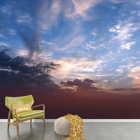 Großer Sonnenuntergang bei Wüstenmural Innenwolkenbewegung Wanddeko in Himmelblau-Weiß, waschbar