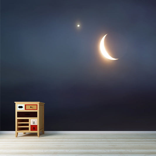 Glänzende Nachthimmel-Mond-Wandtapete für das Schlafzimmer, Blau-Gelb, Maßanfertigung