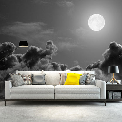 Grau-Schwarz Modernes Tapeten-Mural Riesiger Vollmond über Wolkenmeer Wandverkleidung für Zuhause