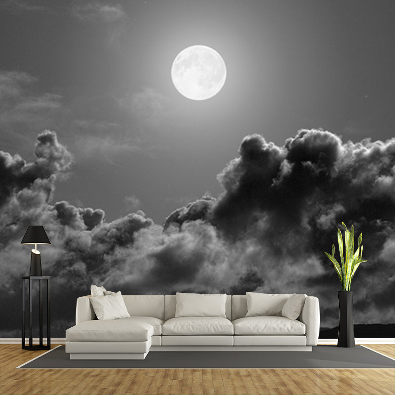 Grau-Schwarz Modernes Tapeten-Mural Riesiger Vollmond über Wolkenmeer Wandverkleidung für Zuhause